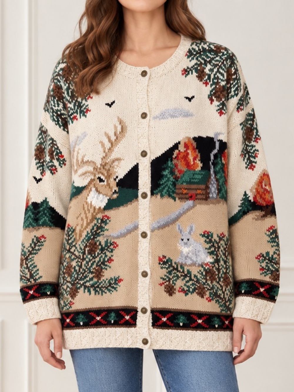 Vintage Northern Isles Hand Knit Cardigan 2X Woodland Deer Owl Novelty Sweater - Picture 16 of 16